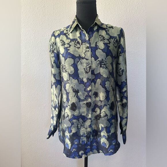 BANANA REPUBLIC Dillon Floral Silky Blouse Button Down Front XS Blue Green - Picture 4 of 9